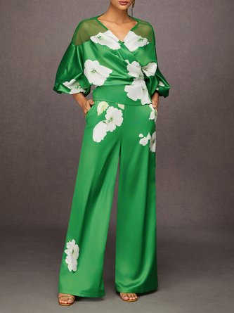 Urban Satin Floral Printing Wide Leg Pants