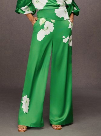 Urban Satin Floral Printing Wide Leg Pants