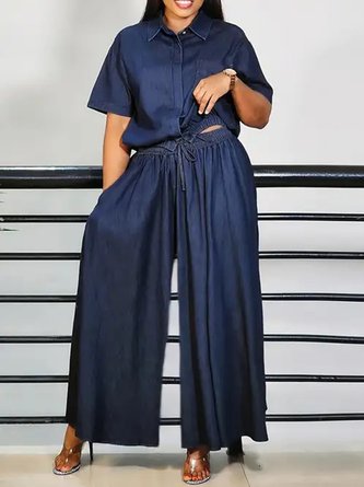 Casual Plain Shirt Collar Faux Denim Shirt