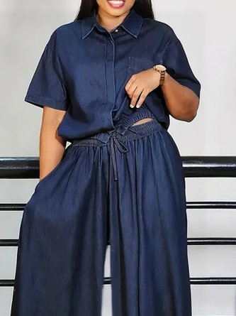 Casual Plain Shirt Collar Faux Denim Shirt