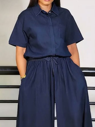 Casual Plain Shirt Collar Faux Denim Shirt