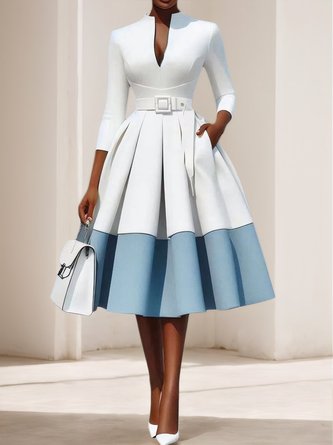 Elegant Color Block V Neck Knee Length Dress With Belt