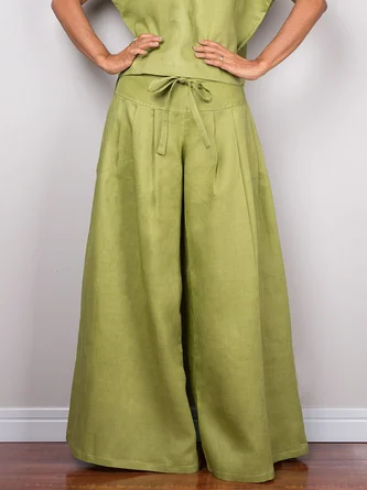 Casual Plain Cotton And Linen Wide Leg Fashion Pants