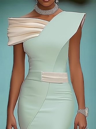 Elegant Color Block Split Joint Asymmetrical Midi Party Dress With Brooch