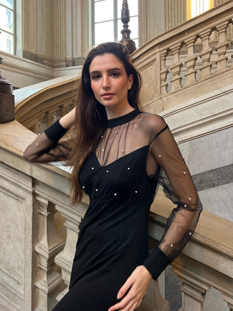 Elegant pearl embellished mesh Maxi dress