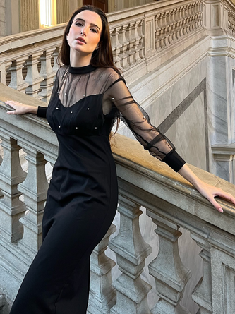 Elegant pearl embellished mesh Maxi dress