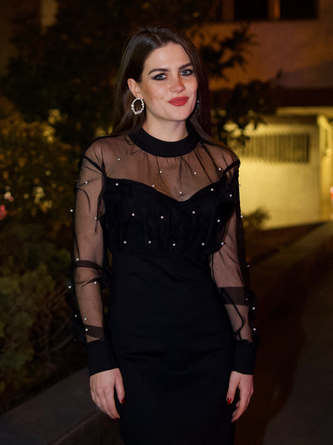 Elegant pearl embellished mesh Maxi dress