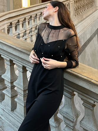 Elegant pearl embellished mesh Maxi dress