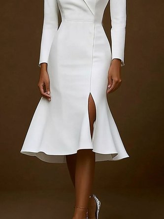 Elegant Plain Shoulder Pad Lapel Collar Midi Dress