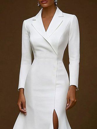 Elegant Plain Shoulder Pad Lapel Collar Midi Dress