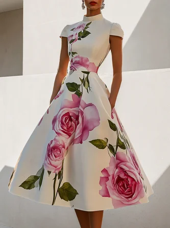 Elegant Floral Printing Stand Collar Midi Dress