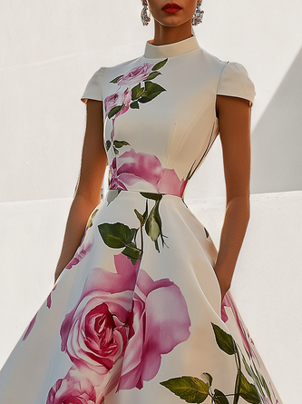 Elegant Floral Printing Stand Collar Midi Dress