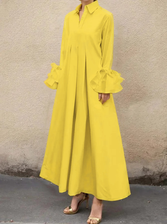 Urban Plain Ruffle Sleeve Shirt Collar Maxi Dress