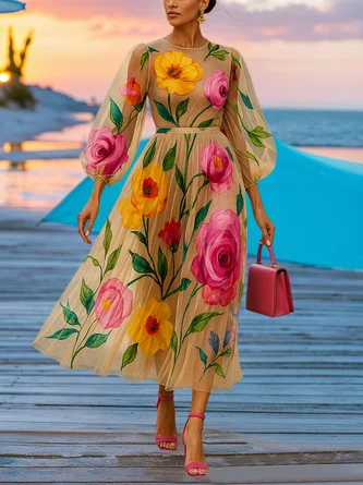 Elegant Floral Balloon Sleeve Printing Crew Neck Midi Dress