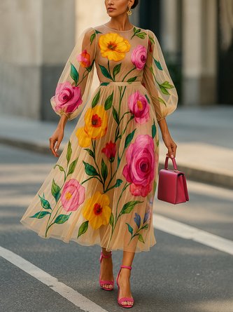 Elegant Floral Balloon Sleeve Printing Crew Neck Midi Dress