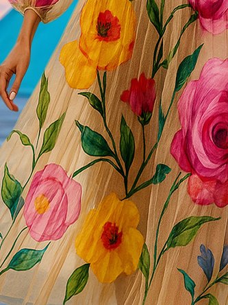 Elegant Floral Balloon Sleeve Printing Crew Neck Midi Dress