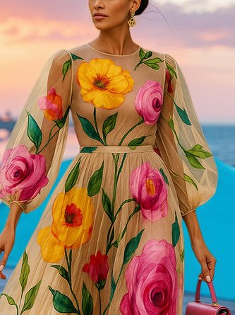 Elegant Floral Balloon Sleeve Printing Crew Neck Midi Dress