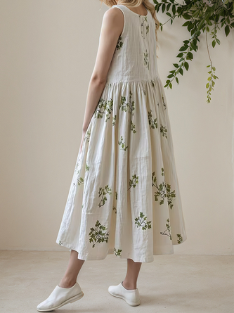STYLE WE x CHILLINEN |Vacation Plants V Neck linen-cotton Midi Dress