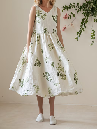 STYLE WE x CHILLINEN |Vacation Plants V Neck linen-cotton Midi Dress