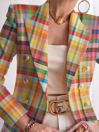 Urban Pastel Plaid Buttoned Lapel Collar Blazer