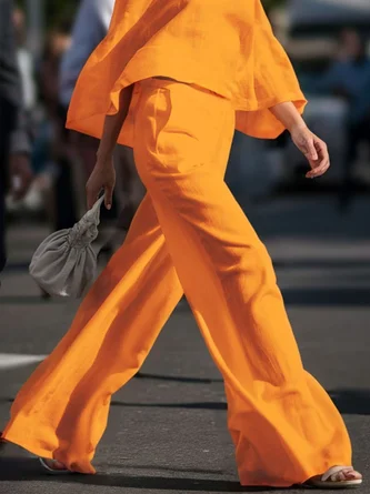 Linen blend Casual Plain Wide Leg Pants