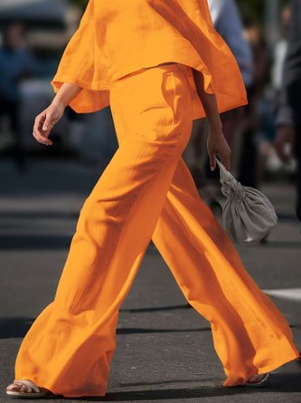 Linen blend Casual Plain Wide Leg Pants