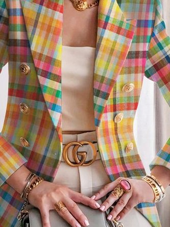 Urban Pastel Plaid Buttoned Lapel Collar Blazer