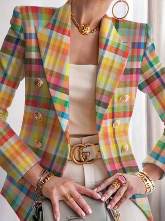 Urban Pastel Plaid Buttoned Lapel Collar Blazer
