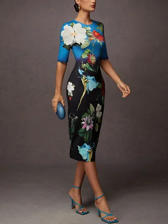 Urban Floral Printing Crew Neck Midi Dress