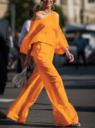 Linen blend Casual Plain Wide Leg Pants