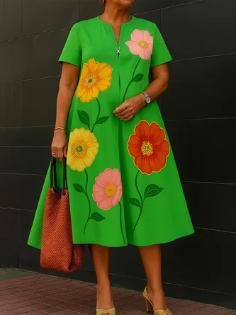 Casual Floral Printing Notched Loosen Midi Dress