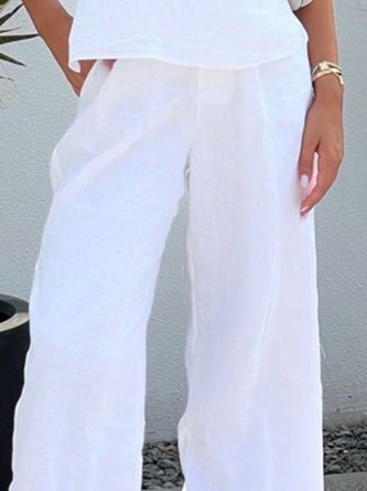 Linen Blend Vacation Plain Wide Leg Pants