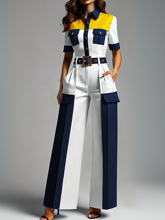 Urban Color Block Straight Pants With Belt