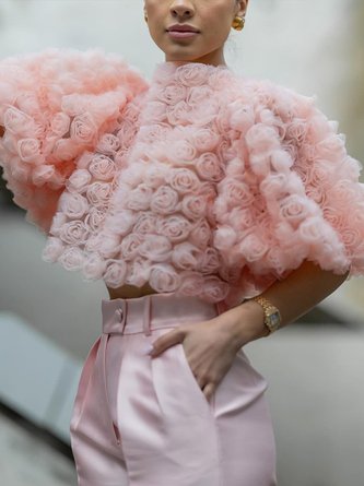 Urban Plain 3D Floral Crew Neck Puff Sleeve Blouse