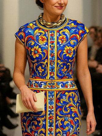 Urban Random Print Raglan Sleeve Printing Crew Neck Knee Length Dress