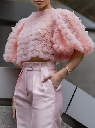 Urban Plain 3D Floral Crew Neck Puff Sleeve Blouse