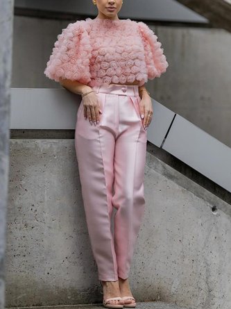 Urban Plain 3D Floral Crew Neck Puff Sleeve Blouse