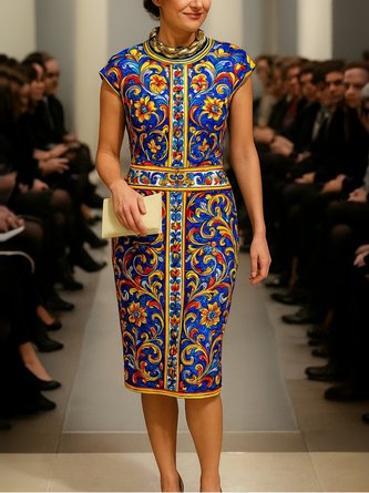 Urban Random Print Raglan Sleeve Printing Crew Neck Knee Length Dress