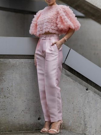 Urban Plain 3D Floral Crew Neck Puff Sleeve Blouse