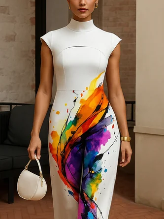 Elegant Printing Random Print Stand Collar Jumpsuit