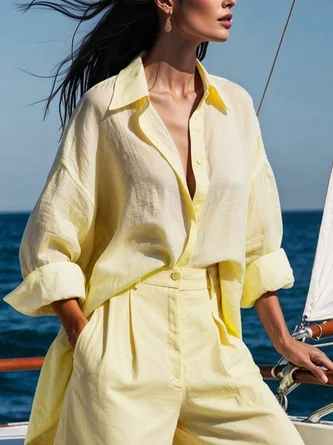 Cotton And Linen Casual Plain Raglan Sleeves Shirt