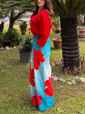 Casual Denim Print Graphic Printing Floral Wide Leg Pants