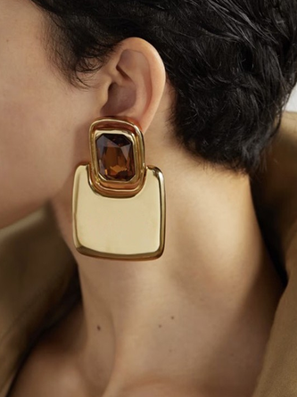 Vintage luxury mirror metal geometric square gemstone earrings