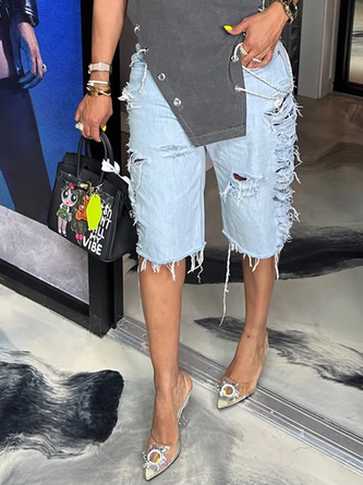 Plain Casual Denim Distressed Shorts