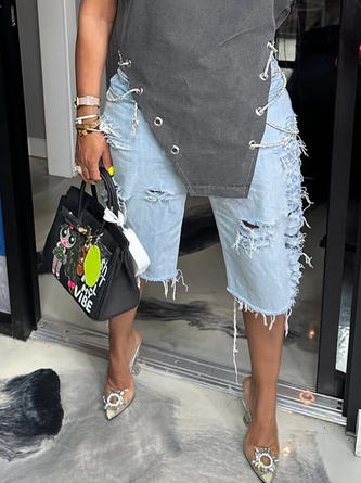 Plain Casual Denim Distressed Shorts