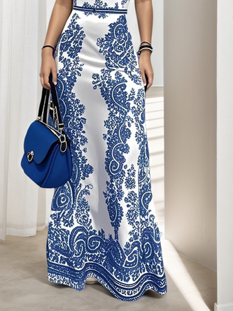 Elegant Color Block Printing Maxi Dress