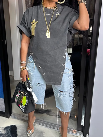 Plain Casual Denim Distressed Shorts