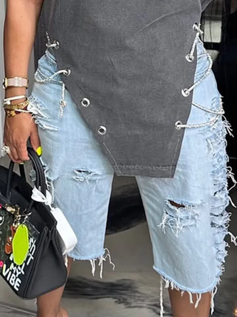 Plain Casual Denim Distressed Shorts