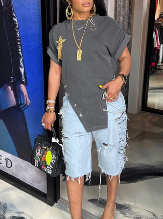 Plain Casual Denim Distressed Shorts