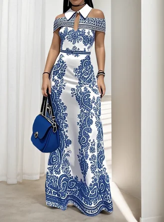 Elegant Color Block Printing Maxi Dress